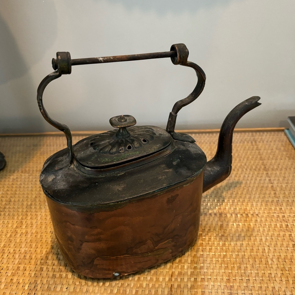 Antique Victorian copper teapot brass knob Goose Neck Riveted